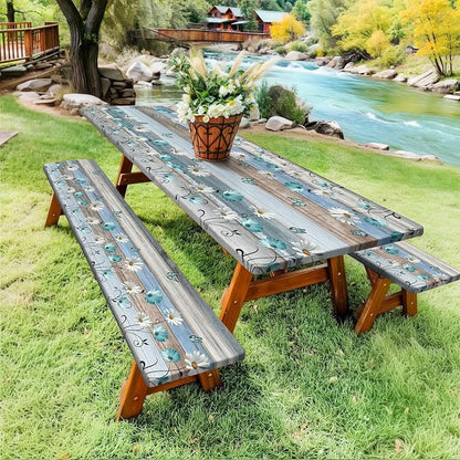 Floral Picnic Table Cover with Bench Covers, Camping Essentials, Wooden Flower Butterfly Waterproof Windproof, Fitted Tablecloth Cover with Elastic Edge, for Indoor, Outdoor, 3 PCS, 30x96 Inch