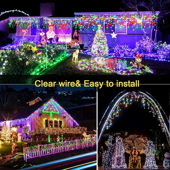 99FT Icicle Lights for Outside 1216 LED Multicolor Christmas Lights Outdoor | Plug in Icicle Christmas Lights 8 Modes Waterproof with 120 Drops for Indoor House Party Wedding Decoration