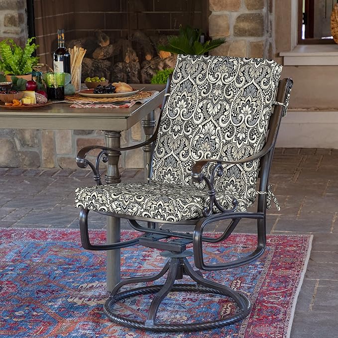 Arden Outdoor Patio Dining Chair Cushion, 20x44, Rain-Proof Seat Pad, Fade-Resistant Outdoor Cushion Black Aurora Damask