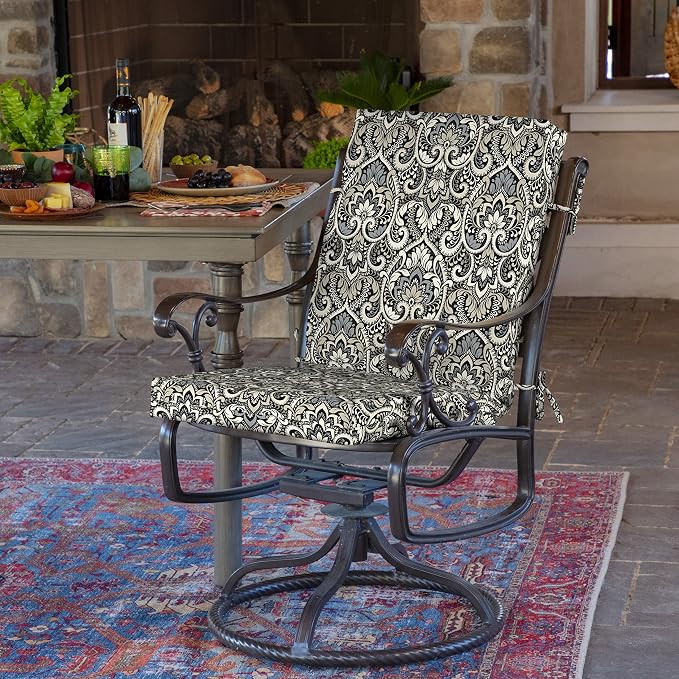 Arden Outdoor Dining Chair Cushion, 4-Pack, 20x44, Black Damask | Rain-Proof Seat Pad, Fade-Resistant, Mold and Mildew Resistant