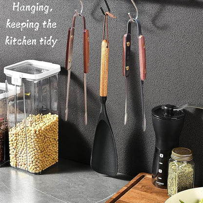 Exquisite Lightweight Cooking Tongs - 304 Stainless Steel & Walnut Wood, Comfortable Grip, Non-Slip Design, High Heat Resistant - Ideal for Light and small food, Kitchen Plating, Korean BBQ, 9-Inch