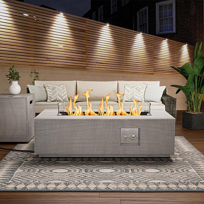 SUNPEAK 42" Rectangular Propane Fire Pit table, 50,000 BTU Fireplace Table with Wind Guard Glass, Lid, Rocks and Cover, Outdoor Fire Pit for Deck or Patio, Fogata para Patio (Light Grey, 42" Standard)