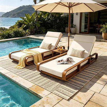 Merax 2 Piece Teak Finish Acacia Wood Chaise Lounge - 2 Pcs Frame + 2 Pcs 4" 4-Fold Beige Water-Resistant Cushion, 400lbs Capacity, Adjustable Outdoor Recliner for Patio Poolside Backyard