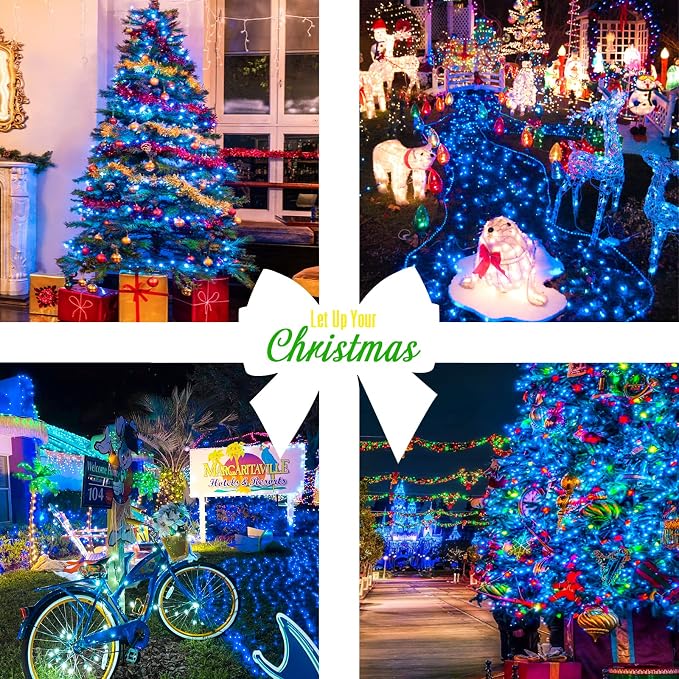 JMEXSUSS 33ft 100 LED Blue Christmas Tree Lights, Battery Operated Christmas Lights with 8 Modes Remote Waterproof Outdoor Indoor for Halloween Christmas Outside Decorations (Pack of 2)