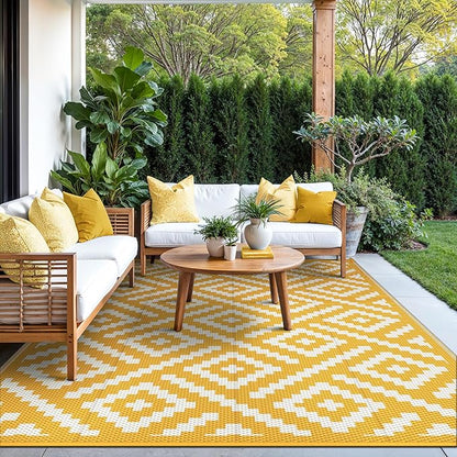GENIMO Outdoor Rug, Waterproof Plastic Rugs for Patio, 6'x9' Yellow White | Outside Larger Modern Carpet Mat for Porch Decor, Deck, Balcony, Camping, RV, Backyard, Picnic, Beach, Reversible, Foldable