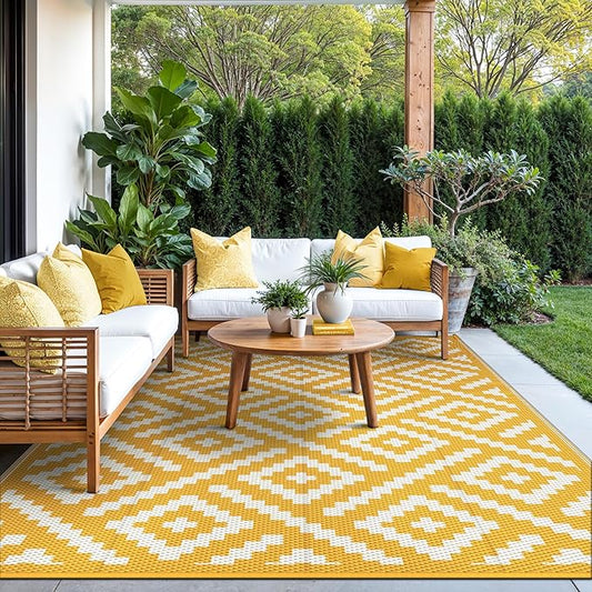 GENIMO Outdoor Rug, Waterproof Plastic Rugs for Patio, 6'x9' Yellow White | Outside Larger Modern Carpet Mat for Porch Decor, Deck, Balcony, Camping, RV, Backyard, Picnic, Beach, Reversible, Foldable