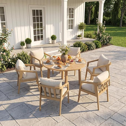FansaFurn 7 Pieces Acacia Outdoor Patio Table and Chairs Set for All-Weather, Outside Furniture with Table Umbrella Hole and Removable Cushion for 6, Backyard Furniture Set for Patio, Garden, Beige