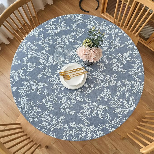 LIBERECOO Round Fitted Tablecloth with Elastic, Flannel Backed Vinyl Tablecloths for 40" - 44" Tables, Waterproof Wipeable Reusable Plastic Table Cloth for Indoor & Outdoor, Light Wash Denim