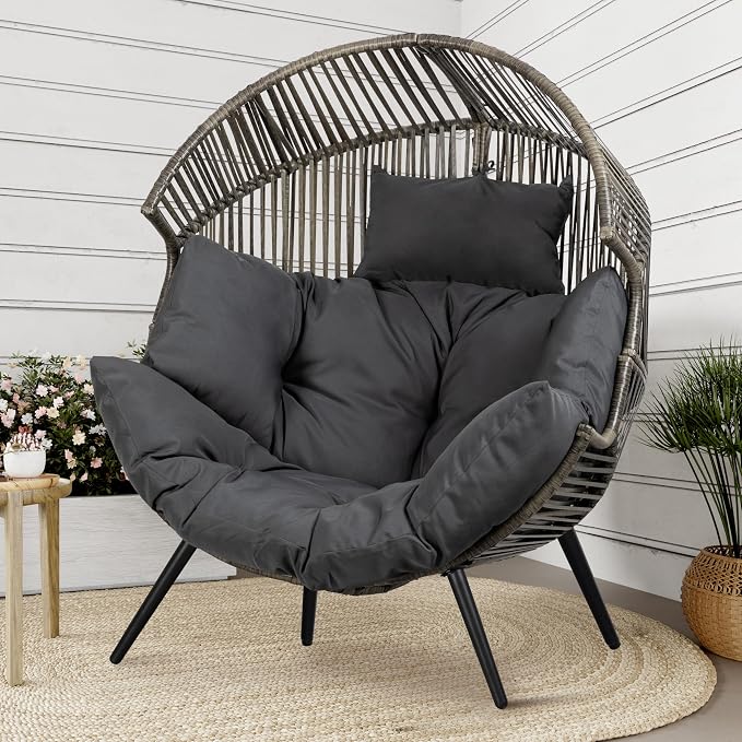 Shintenchi Wicker Egg Chair Outdoor Rattan Patio Chair with Cushion, Oversized Patio Lounge Chairs Egg Basket Chair, Egg Seat for Indoor Living Room Bedroom Outside, Deep Grey