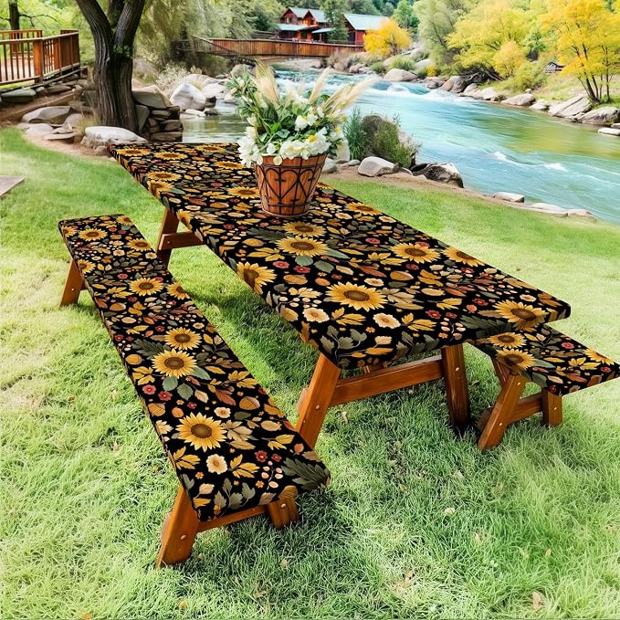 Picnic Table Cover with Bench Covers, Camping Essentials, Sunflower Flower Leaves Waterproof Windproof Patio Table Cover, Fitted Tablecloth Cover with Elastic Edge for Indoor Outdoor 3 PCS 30x60 Inch