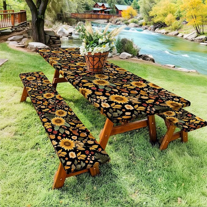 Picnic Table Cover with Bench Covers, Camping Essentials, Sunflower Flower Leaves Waterproof Windproof Patio Table Cover, Fitted Tablecloth Cover with Elastic Edge for Indoor Outdoor 3 PCS 30x96 Inch