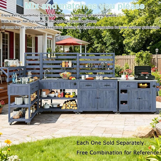 62 Inch Patio Kitchen Island with Stainless Steel Top, Gray | Gray fir wood, stainless steel top, garden or patio, raised shelf, 2 drawers, lockable wheels, modular design, 62.3 in L
