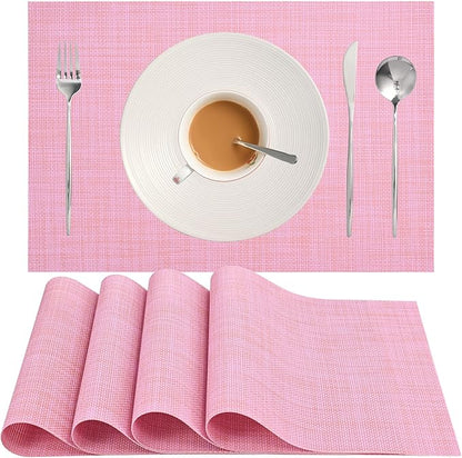 Zupro Placemats Set of 4 Washable Heat-Resistant Non Slip Braided Table Mats Woven PVC Vinyl Kitchen Dining Patio Table Place Mats for Dinner Parties BBQs Indoor and Ourdoor Use.18"x12"(Pink)