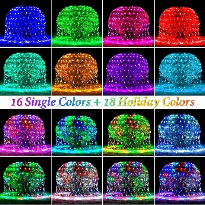 6.5ft x 6.5ft Solar Net Lights, 120LED 34 Colors Changing Christmas Net Lights Solar & USB Powered, Waterproof Mesh String Lights Green Wire for Bushes Tree Patio Xmas Holiday Party Outdoor Decor