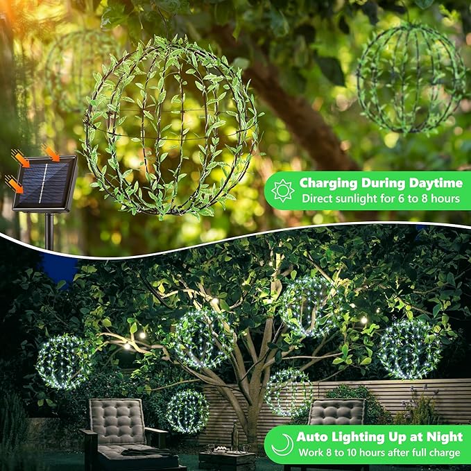 Joomer Solar Hanging Ball Lights Outdoor, 2-Pack 13in & 11in Total 264 LED Solar Globe Lights, 8 Modes Waterproof Metal Sphere Lights with Hooks for Patio Garden Decor - White