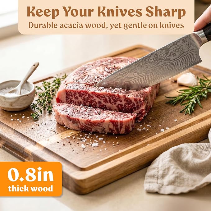 Acacia Wood Cutting Boards for Kitchen Set of 3, Double sided | Non Toxic Wooden Chopping Boards: Cut on One Side, Serve on the Other, large kitchen boards for charcuterie