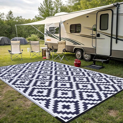Smiry Outdoor Rug 8x10 ft Waterproof Reversible Boho Mat, White & Navy | Polypropylene Plastic Straw, Quick Drying, Lightweight Foldable, for Patio, Deck, RV Camping, Backyard and Indoor Outdoor Use