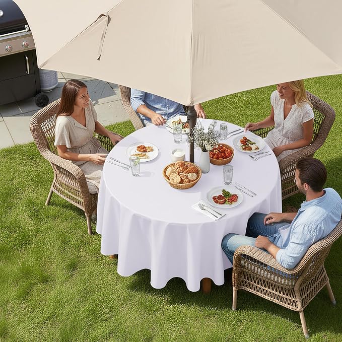 LUSHVIDA Round Outdoor Tablecloth with Umbrella Hole and Zipper, 70 Inch White, Washable Waterproof Table Cloth Spill Proof Wrinkle Free Table Cover for Patio Spring Summer Picnic BBQS