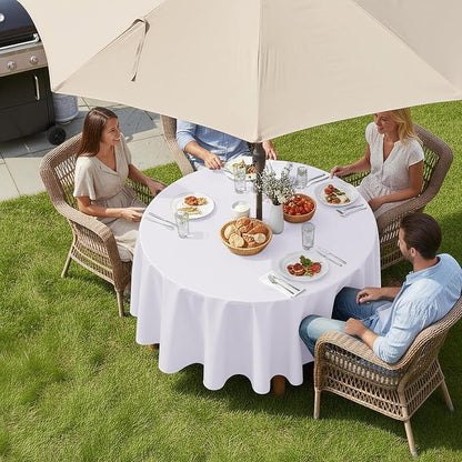 LUSHVIDA Round Outdoor Tablecloth with Umbrella Hole and Zipper, 70 Inch White, Washable Waterproof Table Cloth Spill Proof Wrinkle Free Table Cover for Patio Spring Summer Picnic BBQS