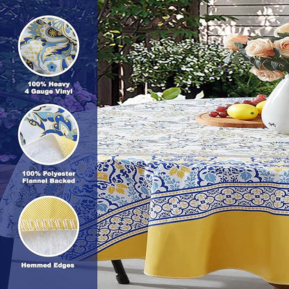 Home Bargains Plus Oval Vinyl Tablecloth with Flannel Backing, 60 x 84 Inch, Alluring French Country, Yellow and Blue Floral Vinyl Table Cover, Heavy Weight for Dining Party and Barbecues