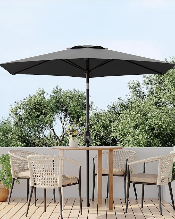 GarveeLife 7.5 ft Outdoor Patio Umbrella, Outdoor Table Umbrella, Market Umbrella with Push Button Tilt and Crank, 6 Sturdy Ribs UV Protection Waterproof for Garden, Deck, Backyard, Pool (Grey)