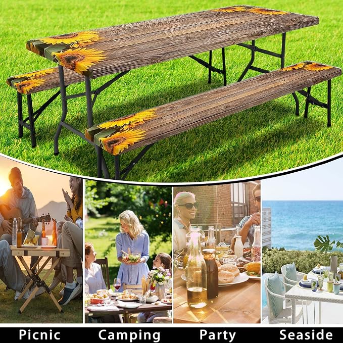 Sunflower Picnic Table Cover with Bench Covers, Waterproof Windproof, Camping Essentials, Fitted Tablecloth Cover with Elastic Edge, for Indoor & Outdoor, Garden, Camping, 3 Pieces Set, 30x60 Inch