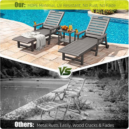 Outdoor Chaise Lounge Chair Set of 2, HDPE All-Weather Pool Lounge Chair with 5 Positions, Wheels & Cup Hoplder for Pool, Beach, Garden (Grey)
