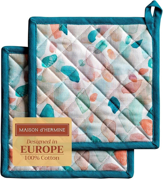 Maison d' Hermine Pot Holders 100% Cotton Heat Resistant Potholders 8" x 8" Hot Pads with Loop BBQ Cooking Baking Hotel Farmhouse Kitchen Handling Hot Pans Spring Summer (Pack of 2, Summer Picnic)
