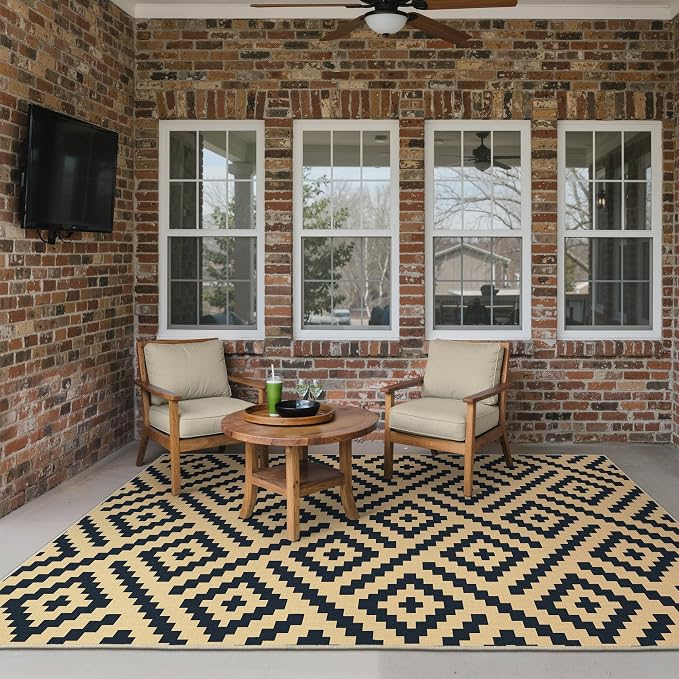 GENIMO Outdoor Rug, Waterproof Plastic Rugs for Patio, 6'x9' Black Sand | Outside Larger Modern Carpet Mat for Porch Decor, Deck, Balcony, Camping, RV, Backyard, Picnic, Beach, Reversible, Foldable