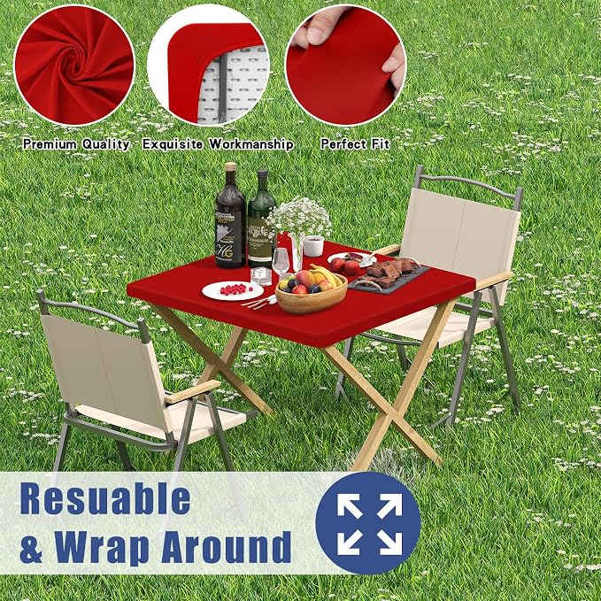 Moosfor Spandex Square Christmas Table Cloth, Elastic Fitted Tablecloths for Picnic, Stretch Washable Patio Table Cover for Outdoor, Camping, Banquet and Parties (Red, 34"x34")