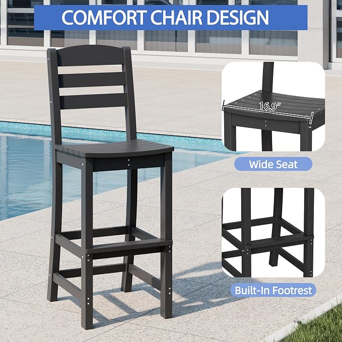 Shintenchi 3 Pieces Outdoor High Top Bar Set, 1 Patio High Top Round Table and 2 Bar Height Tall Adirondack Chair, All-Weather Outdoor Bistro Bar Set for Balcony Pool Deck, Black