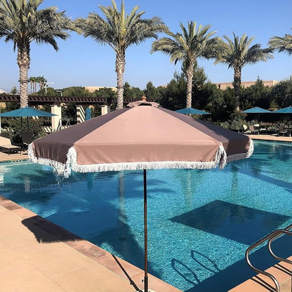 FORMOSA 9ft 6 Rib Market Premium Patio Umbrella Replacement Canopy - 300D UV Protective and Water Resistant Patio Canopy - Umbrella Replacement Cover (CANOPY ONLY) (Taupe Fringe)