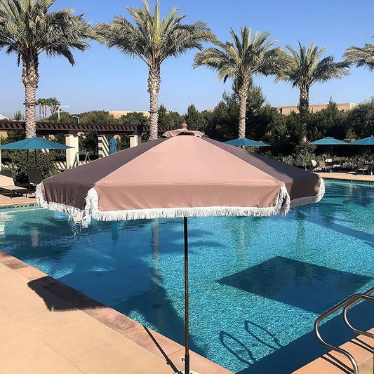 FORMOSA 9ft 6 Rib Market Premium Patio Umbrella Replacement Canopy - 300D UV Protective and Water Resistant Patio Canopy - Umbrella Replacement Cover (CANOPY ONLY) (Taupe Fringe)