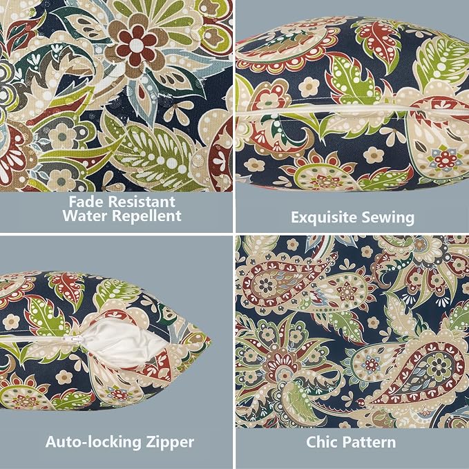 LVTXIII Outdoor Pillow Covers 20x20 Inch, 2 Pack Large Square Throw Pillow Cases, Fade-Resistant Cushion Covers for Patio Furniture Sofa, Garden Porch, Paisley Bloom