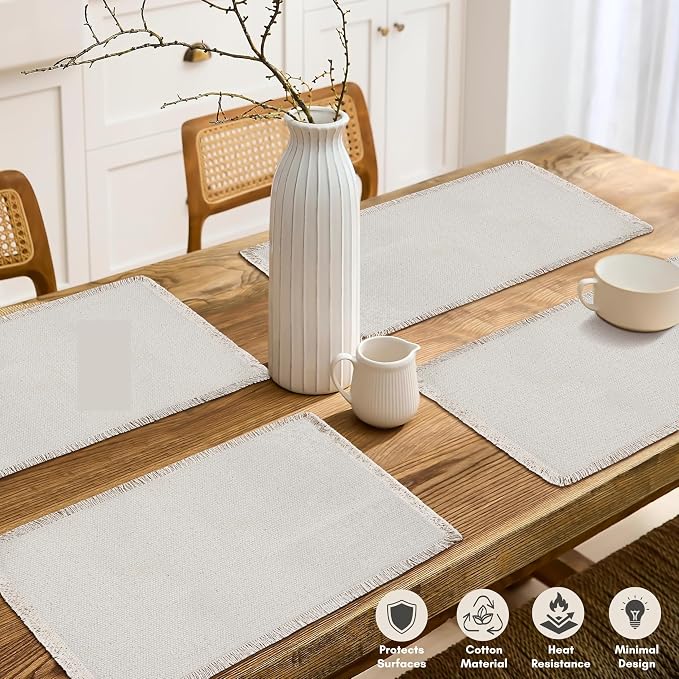 Hausattire Cotton Frayed Placemats Set of 4 Dining Table 13x19 Inch | Rustic Vintage Boho Washable Easter Placemat for Outdoor Parties BBQ's,Wedding, Holiday, Nubby Cotton - Natural