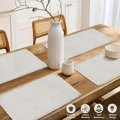 Hausattire Cotton Frayed Placemats Set of 4 Dining Table 13x19 Inch | Rustic Vintage Boho Washable Easter Placemat for Outdoor Parties BBQ's,Wedding, Holiday, Nubby Cotton - Natural