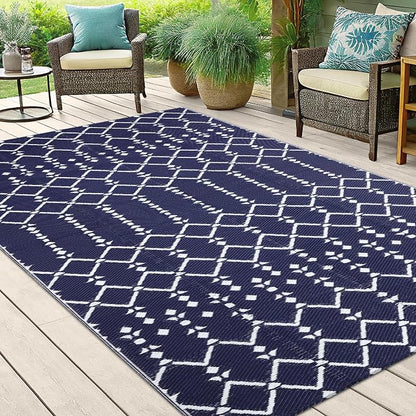 Smiry Outdoor Rug 5x8 ft Waterproof Reversible Boho Mat, Navy | Polypropylene Plastic Straw, Quick Drying, Lightweight Foldable, for Patio, Deck, RV Camping, Backyard and Indoor Outdoor Use