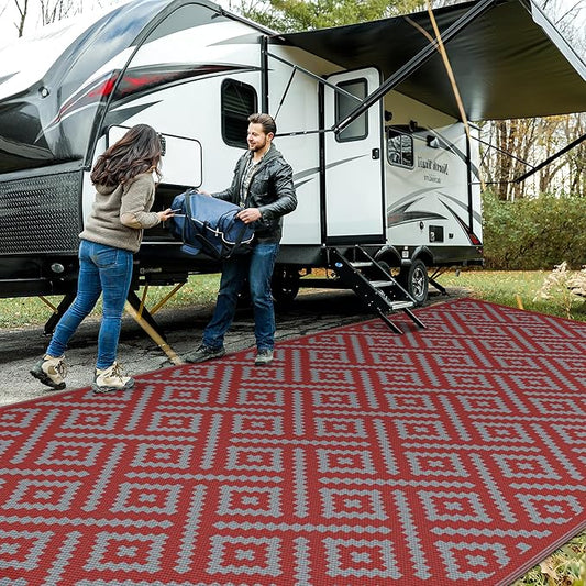 GENIMO Outdoor Rug, Waterproof Plastic Rugs for Patio, 10'x20' Red Grey | Outside Larger Modern Carpet Mat for Patio Decor, RV, Porch, Camper, Deck, Picnic, Beach, Backyard, Reversible, Foldable