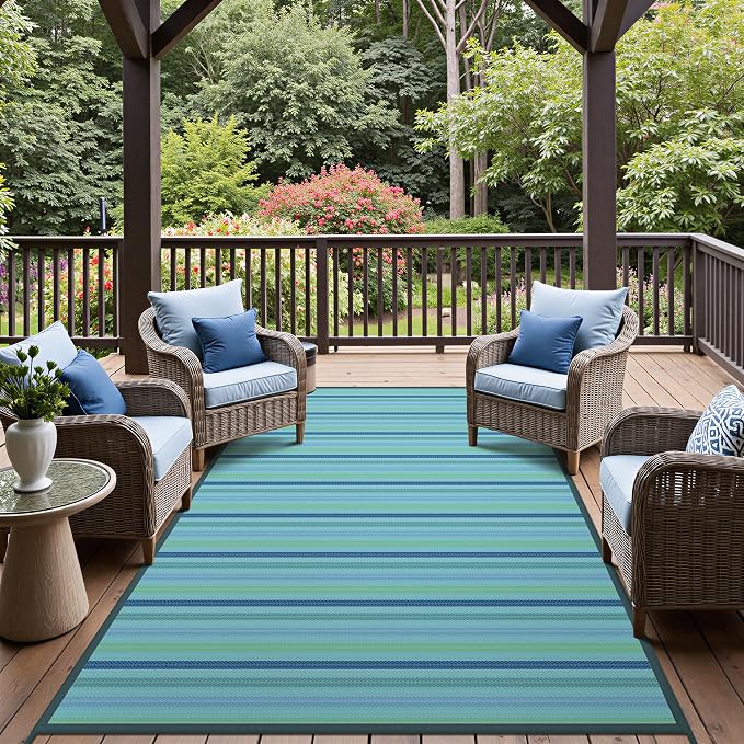 GENIMO Outdoor Rug, Waterproof Plastic Rugs for Patio, 6'x9' Light Blue | Outside Larger Modern Carpet Mat for Porch Decor, Deck, Balcony, Camping, RV, Backyard, Picnic, Beach, Reversible, Foldable
