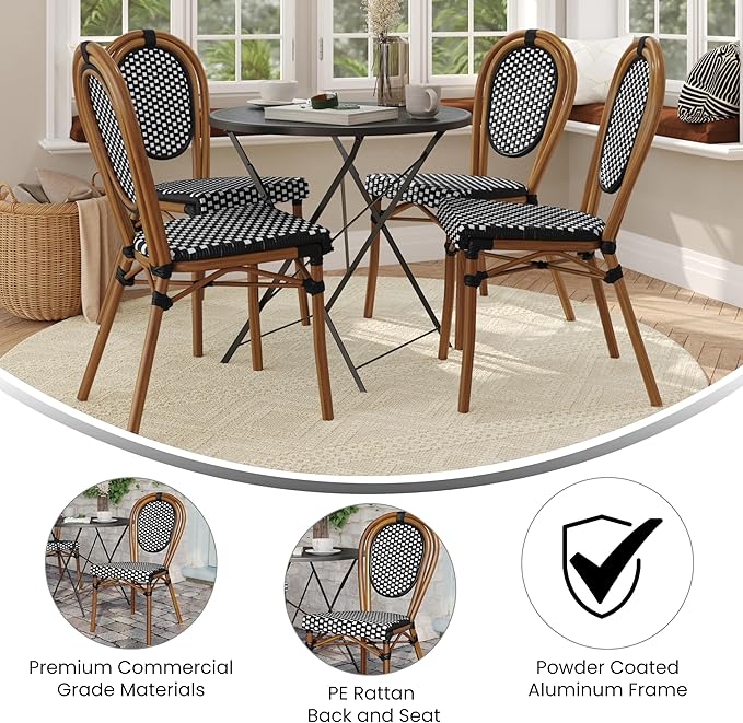 Flash Furniture Lourdes Indoor/Outdoor Commercial Thonet Bistro Stack Chair - Black/White PE Rattan Back and Seat - Natural Bamboo Print Metal Frame - 4 PK