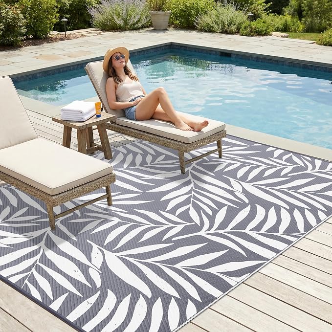 Smiry Outdoor Rug 8x10 ft Waterproof Reversible Leaf Mat, Grey & White | Polypropylene Plastic Straw, Quick Drying, Lightweight Foldable, for Patio, Deck, RV Camping, Backyard and Indoor Outdoor Use