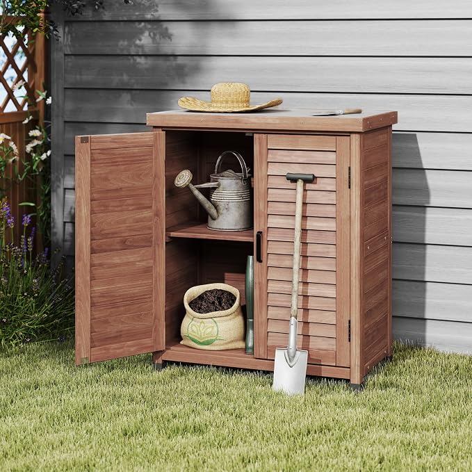 KEIKI Potting Bench with Storage Cabinet and Metal Table Top for Outdoor Patio Weatherproof Garden Workstation