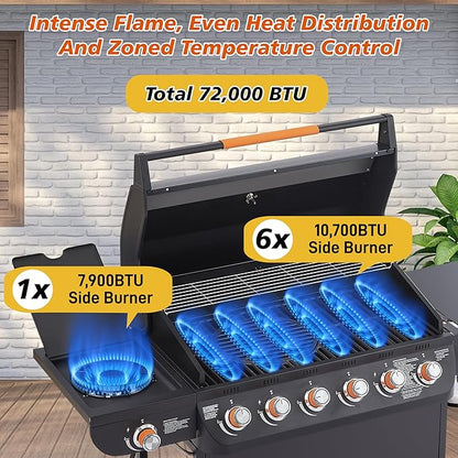 Outdoor Gas Grill with 6 Burners & Side Burner 59000 BTU Stainless Steel BBQ Grill Enamel-Coated Grates Side Tables for Backyard Patio Cooking Charcoal Grills & Smokers,A2