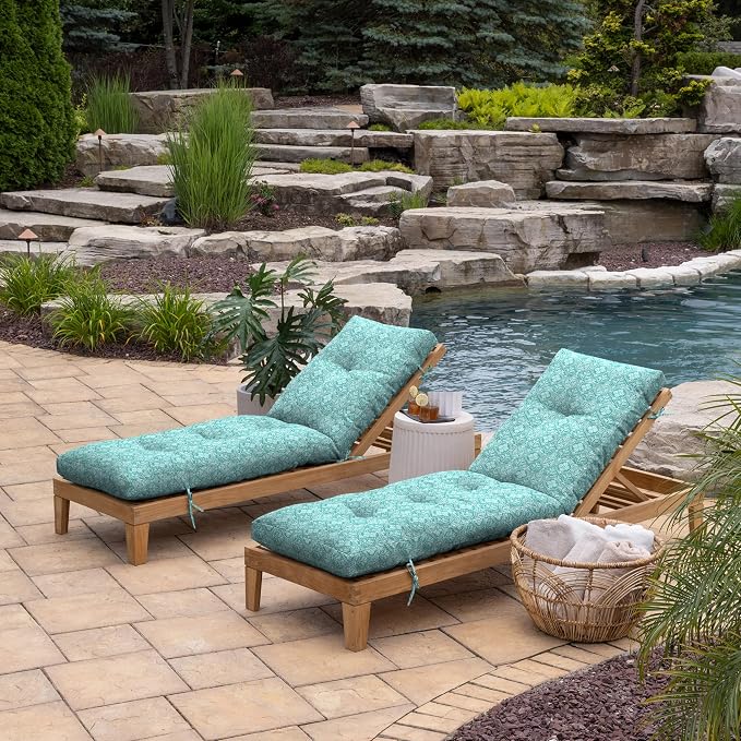Arden Outdoor Tufted Chaise Cushion, 22x76, Turquoise Medallion | Plush Comfort, Modern Tuft, Lounge Cushion, Rain-Proof, Fade Resistant, Mold and Mildew Resistant