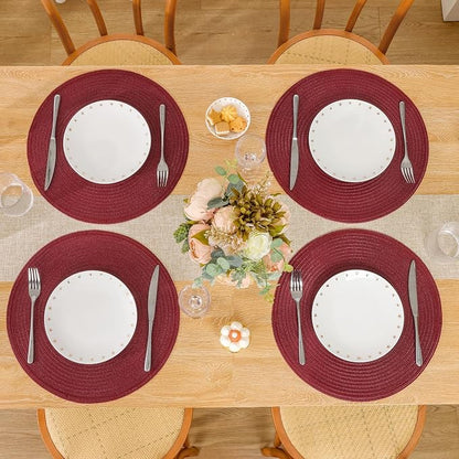 SHACOS Round Placemats Set of 8 for Dining Table 15 inch Round Braided Place Mats Cotton Polyester Washable Non Slip Kitchen Table Mats, Burgundy