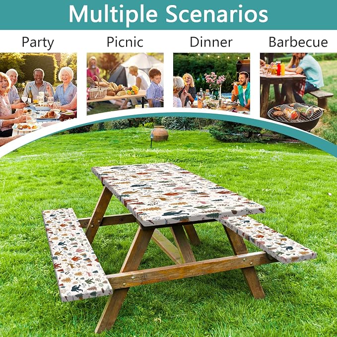 Picnic Table Cover with Bench Covers and Bag, Camping Essentials, Bigfoot Forest Animals Waterproof Fitted Camping Tablecloths with Elastic Edges for Indoor, Outdoor & Garden, 3 Pcs Set 30x60 Inch