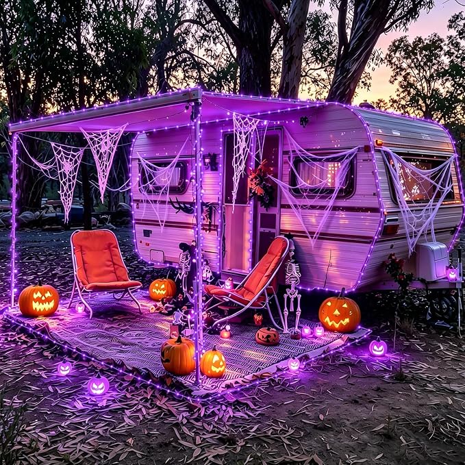 YEGUO Solar Halloween Lights Outdoor Waterproof, 66ft 200 LED Purple Solar Rope Lights, 8 Modes Fairy Lights in Clear Thin Tube