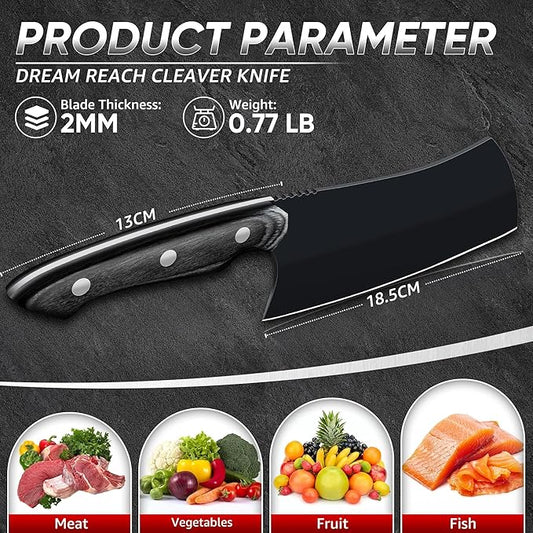 Dream Reach Meat Cleaver Knife- Full Tang Hand Forged Black Butcher Knife for Kitchen BBQ, Birthday Mother Father Gift