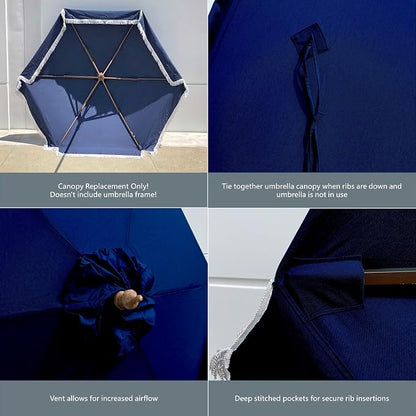FORMOSA 9ft 6 Rib Market Premium Patio Umbrella Replacement Canopy - 300D UV Protective and Water Resistant Patio Canopy - Umbrella Replacement Cover (CANOPY ONLY) (Navy Fringe Olefin)