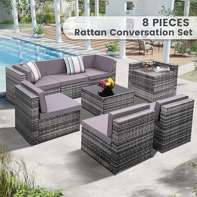 KROFEM 8-Piece Patio Furniture Set, Outdoor Wicker Rattan Sectional with Thick Cushions, Glass Top Table with Hidden Storage, Outdoor Conversation Set for Backyard, Porch, Patio, Grey